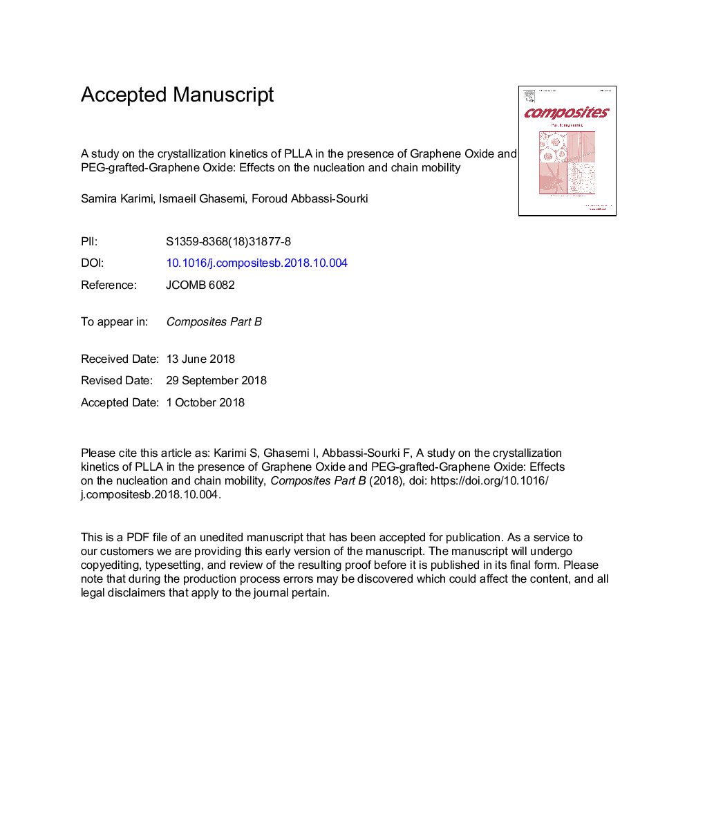 A study on the crystallization kinetics of PLLA in the presence of Graphene Oxide and PEG-grafted-Graphene Oxide: Effects on the nucleation and chain mobility