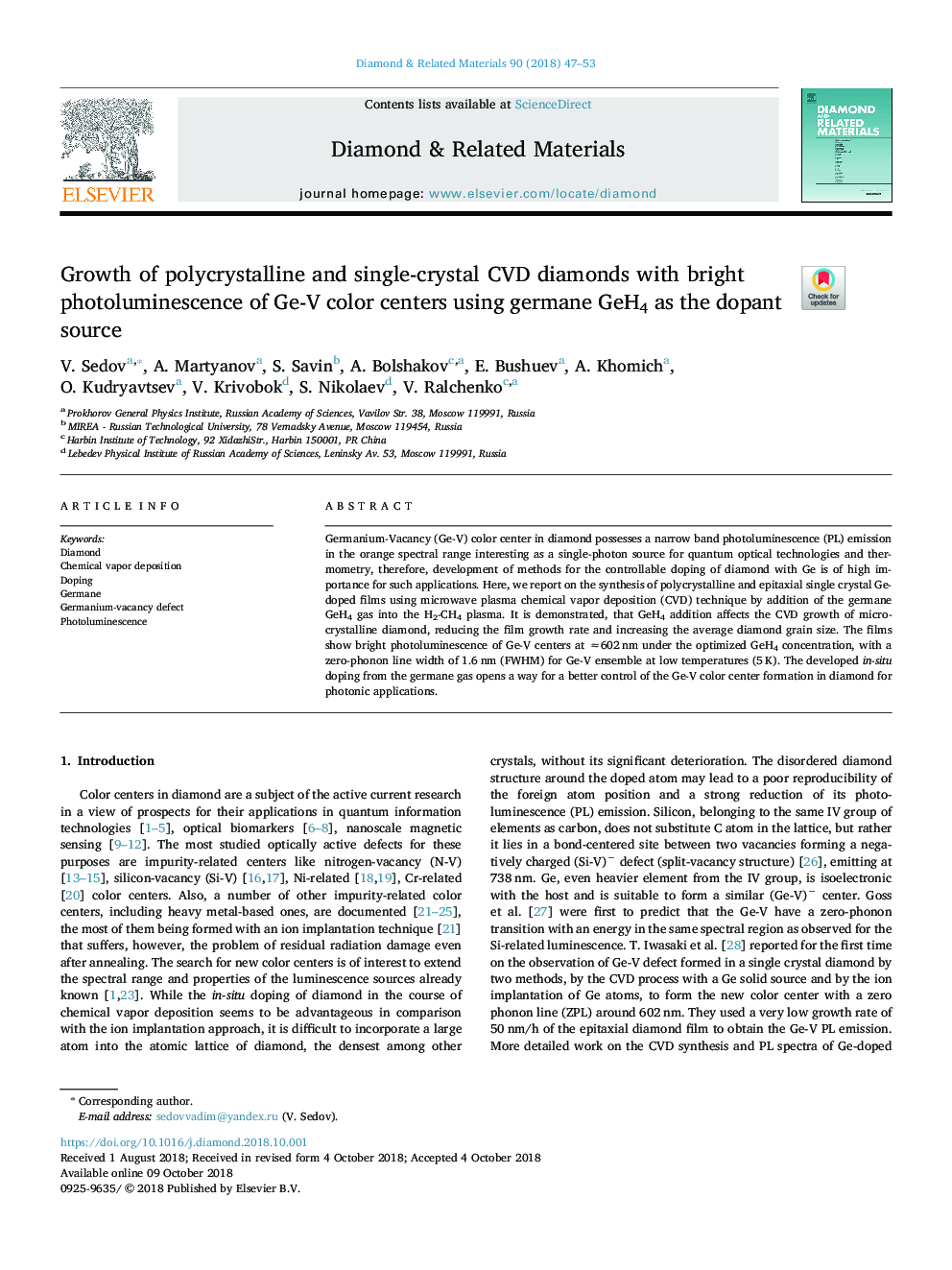 Growth of polycrystalline and single-crystal CVD diamonds with bright photoluminescence of Ge-V color centers using germane GeH4 as the dopant source