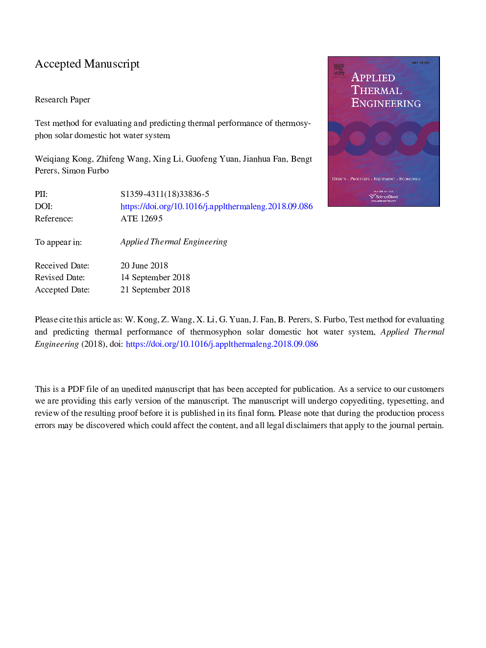 Test method for evaluating and predicting thermal performance of thermosyphon solar domestic hot water system