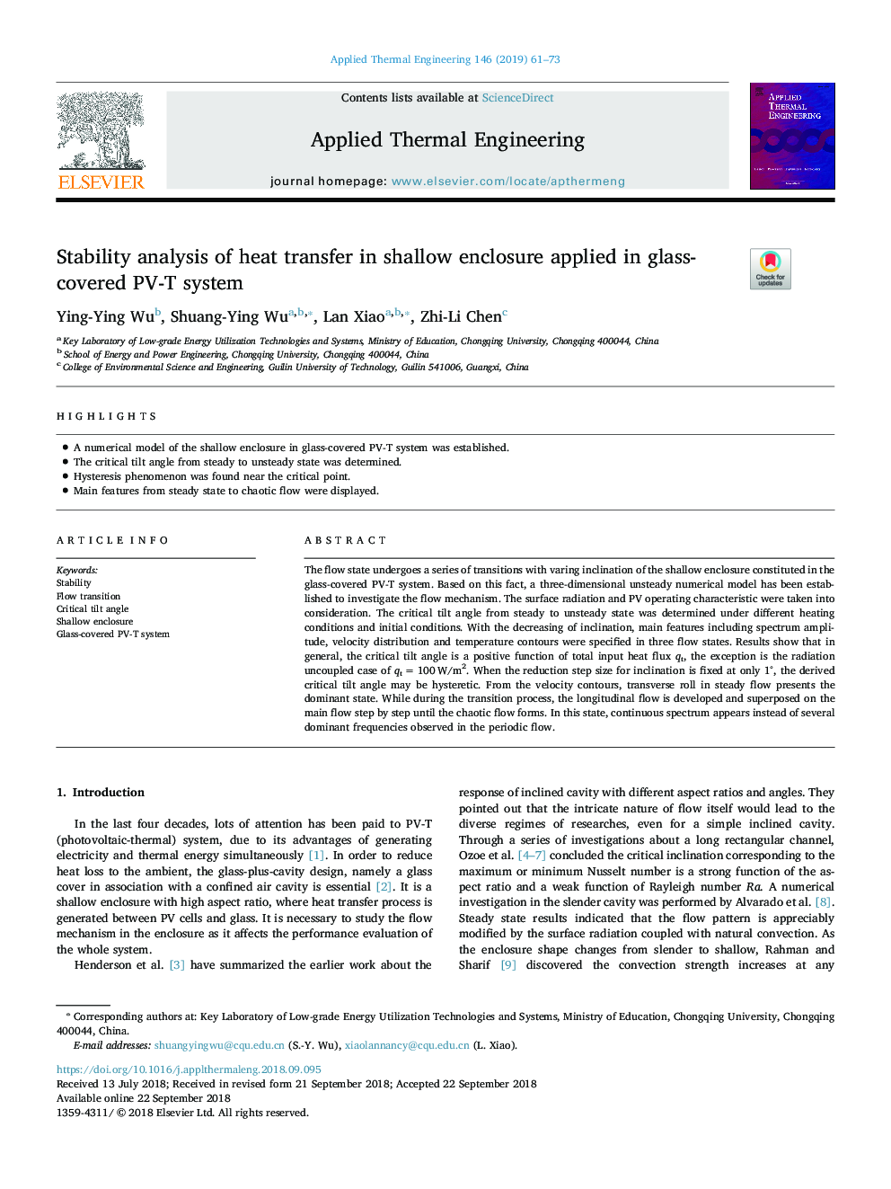 Stability analysis of heat transfer in shallow enclosure applied in glass-covered PV-T system