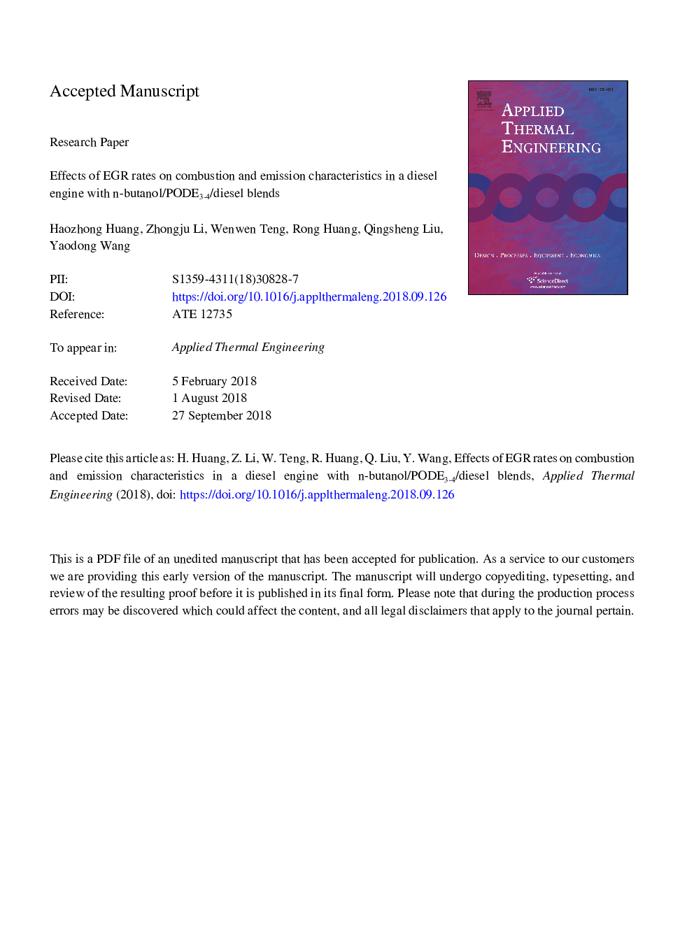 Effects of EGR rates on combustion and emission characteristics in a diesel engine with n-butanol/PODE3-4/diesel blends