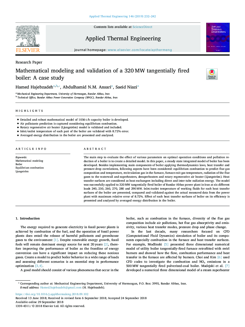 Mathematical modeling and validation of a 320â¯MW tangentially fired boiler: A case study