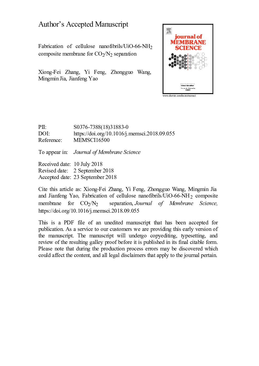 Fabrication of cellulose nanofibrils/UiO-66-NH2 composite membrane for CO2/N2 separation