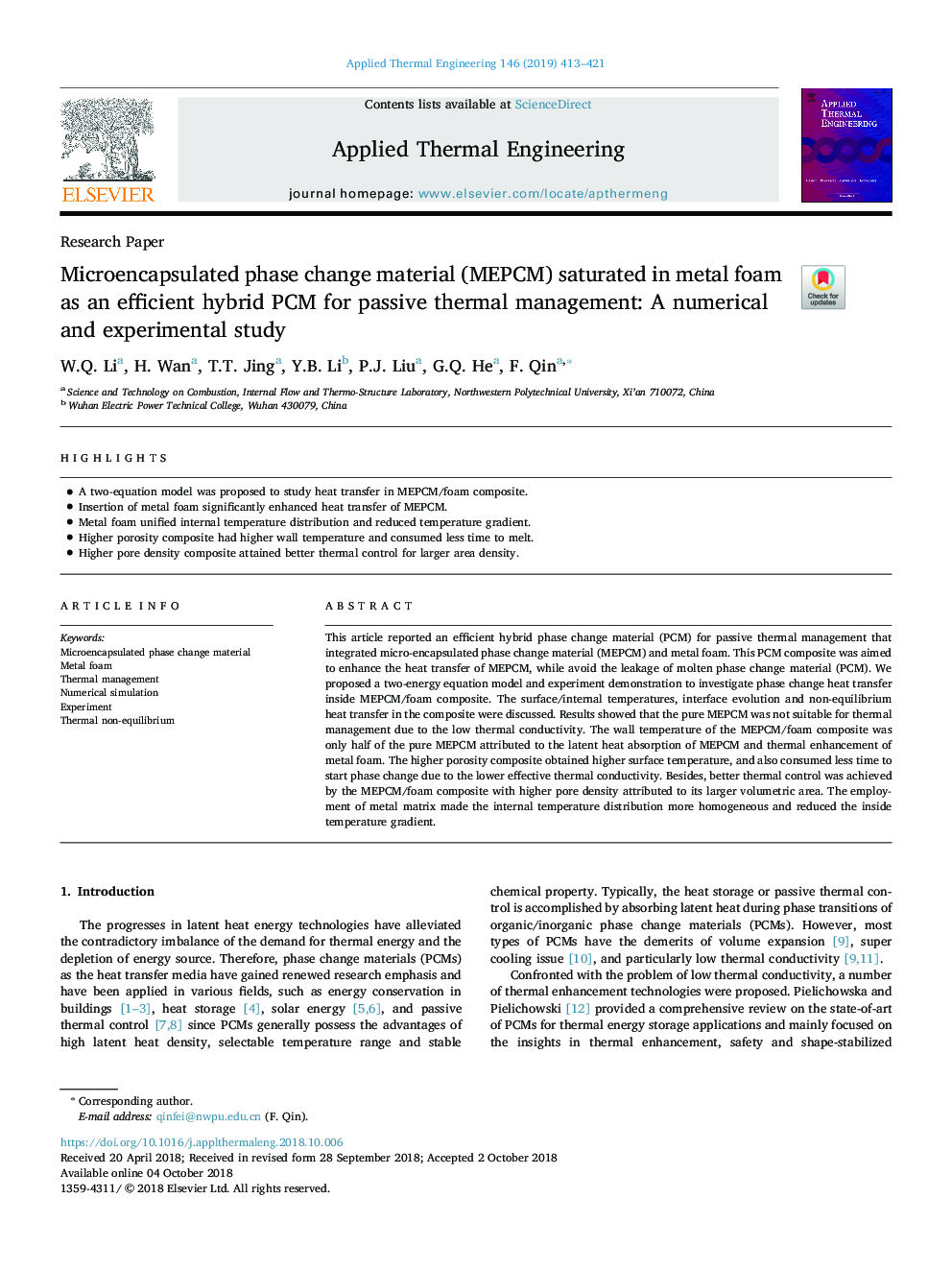 Microencapsulated phase change material (MEPCM) saturated in metal foam as an efficient hybrid PCM for passive thermal management: A numerical and experimental study