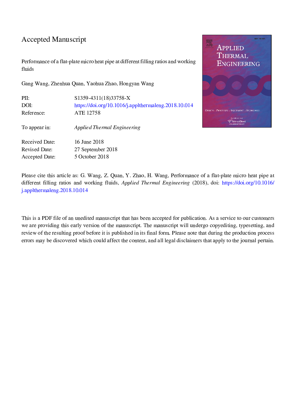 Performance of a flat-plate micro heat pipe at different filling ratios and working fluids