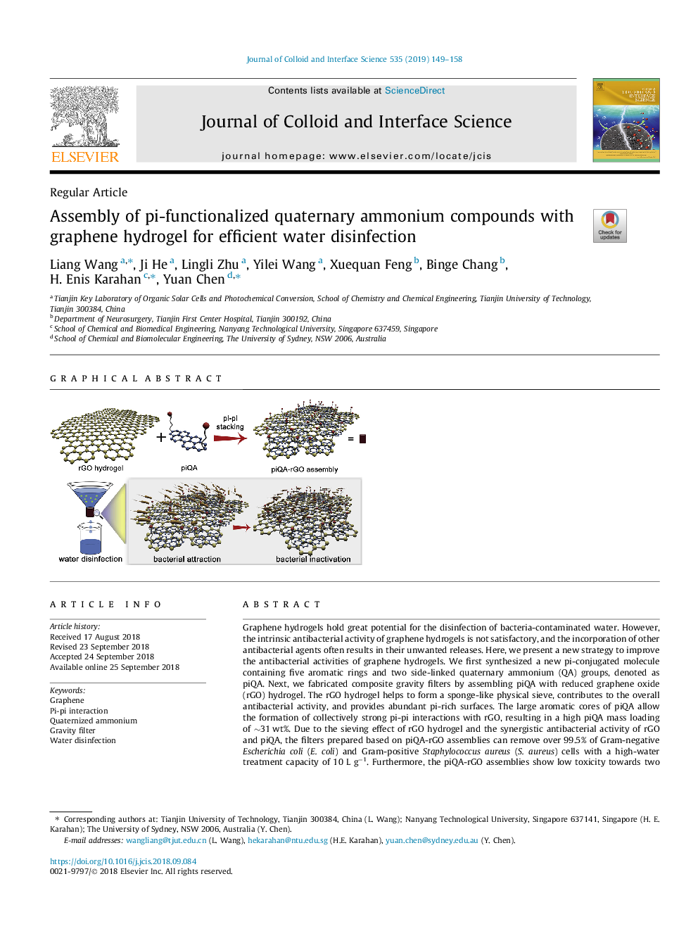 Assembly of pi-functionalized quaternary ammonium compounds with graphene hydrogel for efficient water disinfection