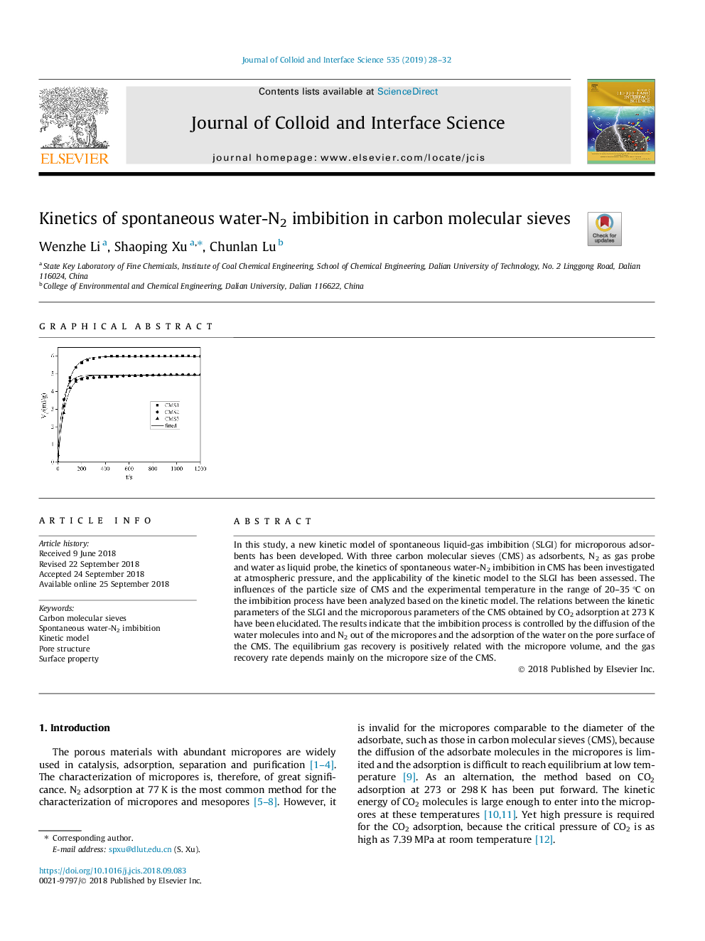 Kinetics of spontaneous water-N2 imbibition in carbon molecular sieves