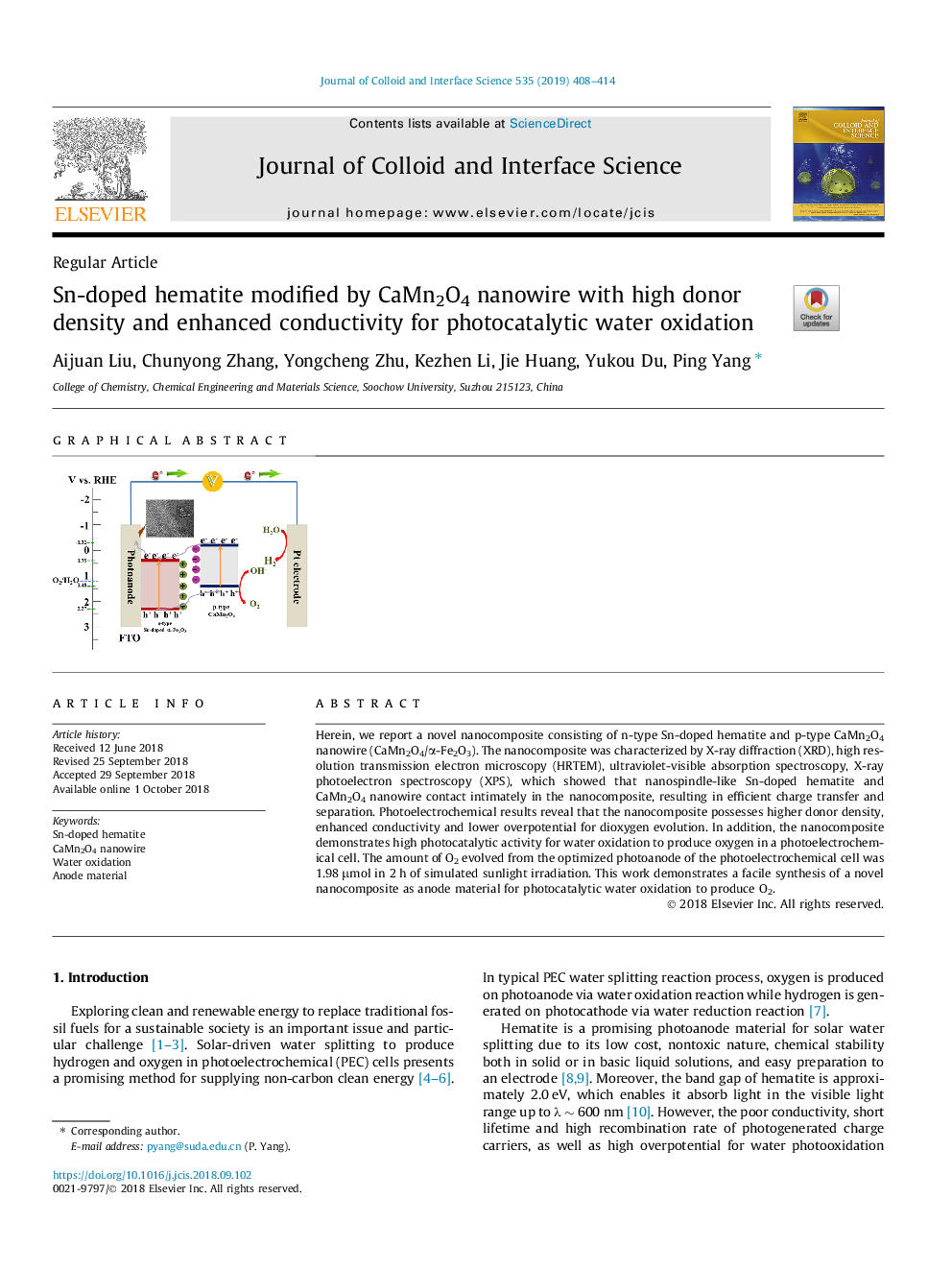 Sn-doped hematite modified by CaMn2O4 nanowire with high donor density and enhanced conductivity for photocatalytic water oxidation