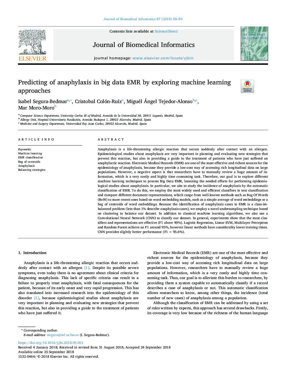 Predicting of anaphylaxis in big data EMR by exploring machine learning approaches