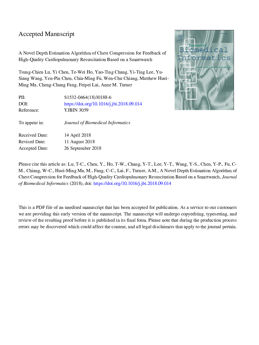 A novel depth estimation algorithm of chest compression for feedback of high-quality cardiopulmonary resuscitation based on a smartwatch