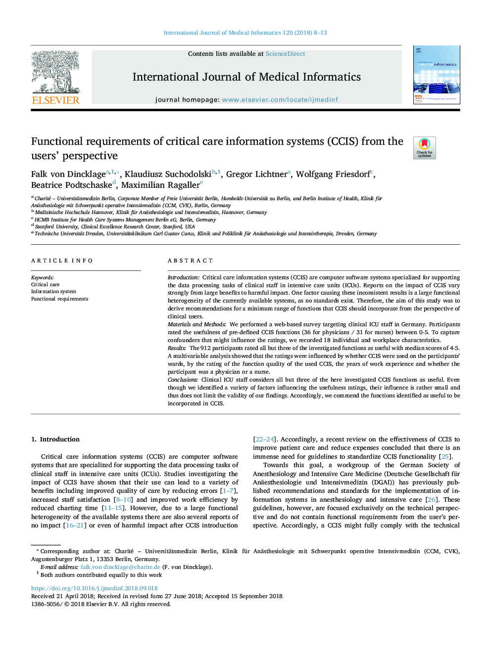 Functional requirements of critical care information systems (CCIS) from the users' perspective