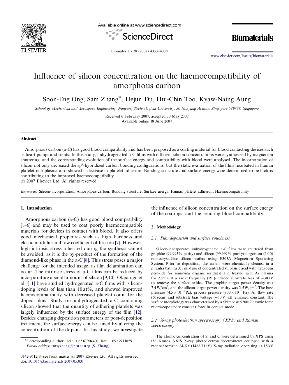 Influence of silicon concentration on the haemocompatibility of amorphous carbon