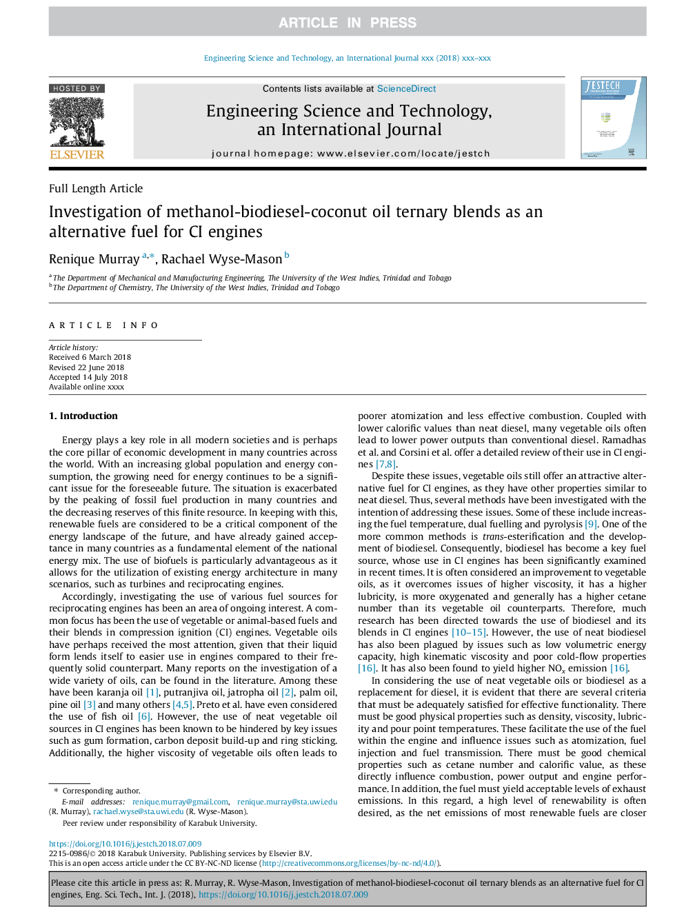 Investigation of methanol-biodiesel-coconut oil ternary blends as an alternative fuel for CI engines