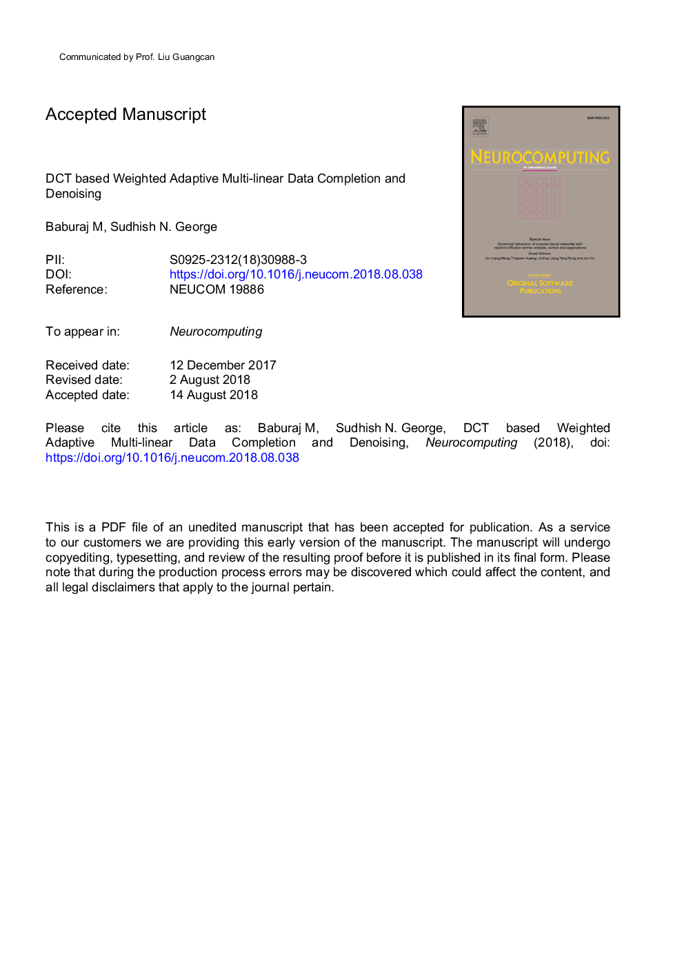 DCT based weighted adaptive multi-linear data completion and denoising