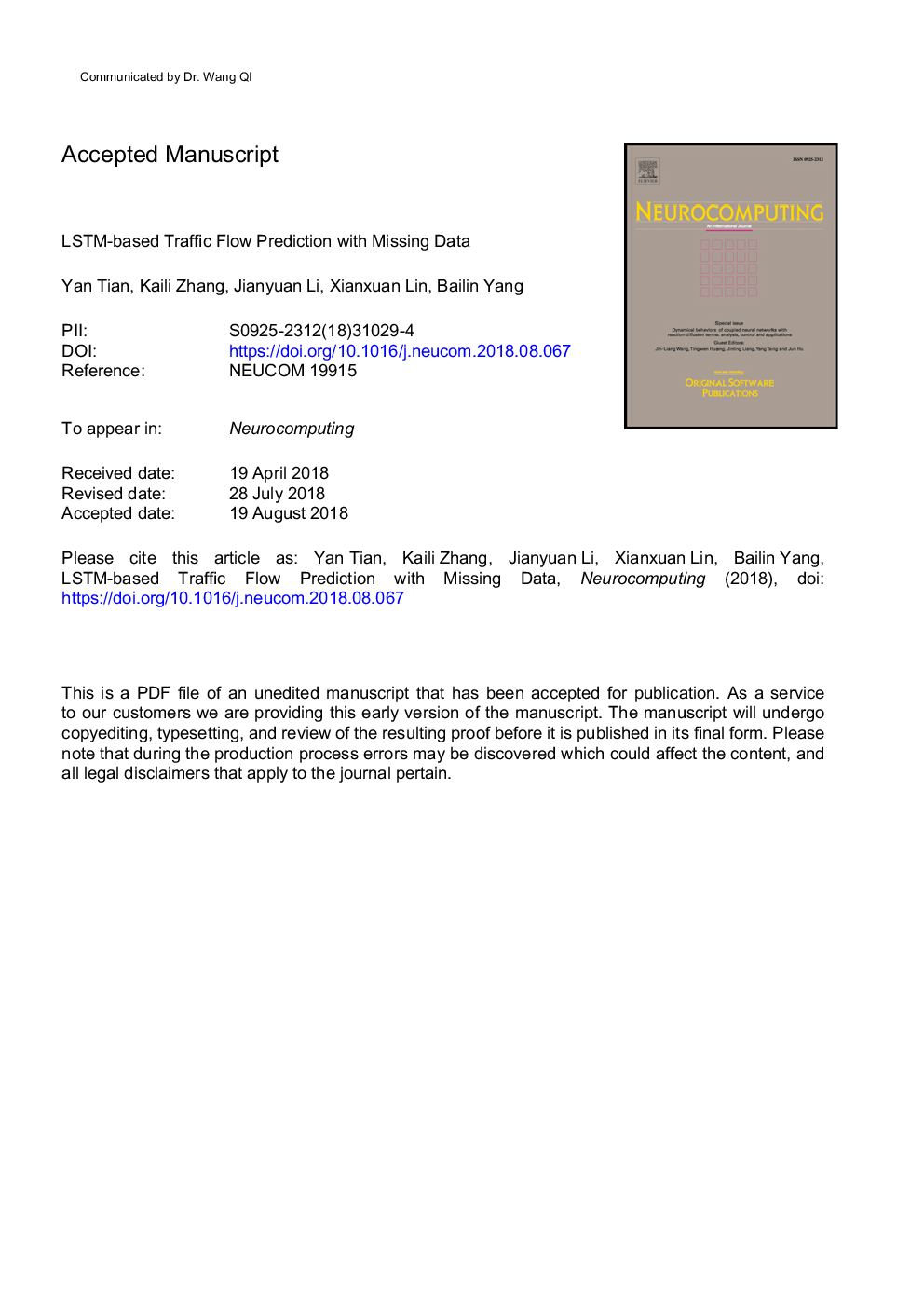 LSTM-based traffic flow prediction with missing data