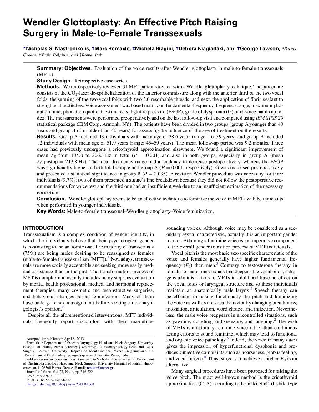 Wendler Glottoplasty: An Effective Pitch Raising Surgery in Male-to-Female Transsexuals