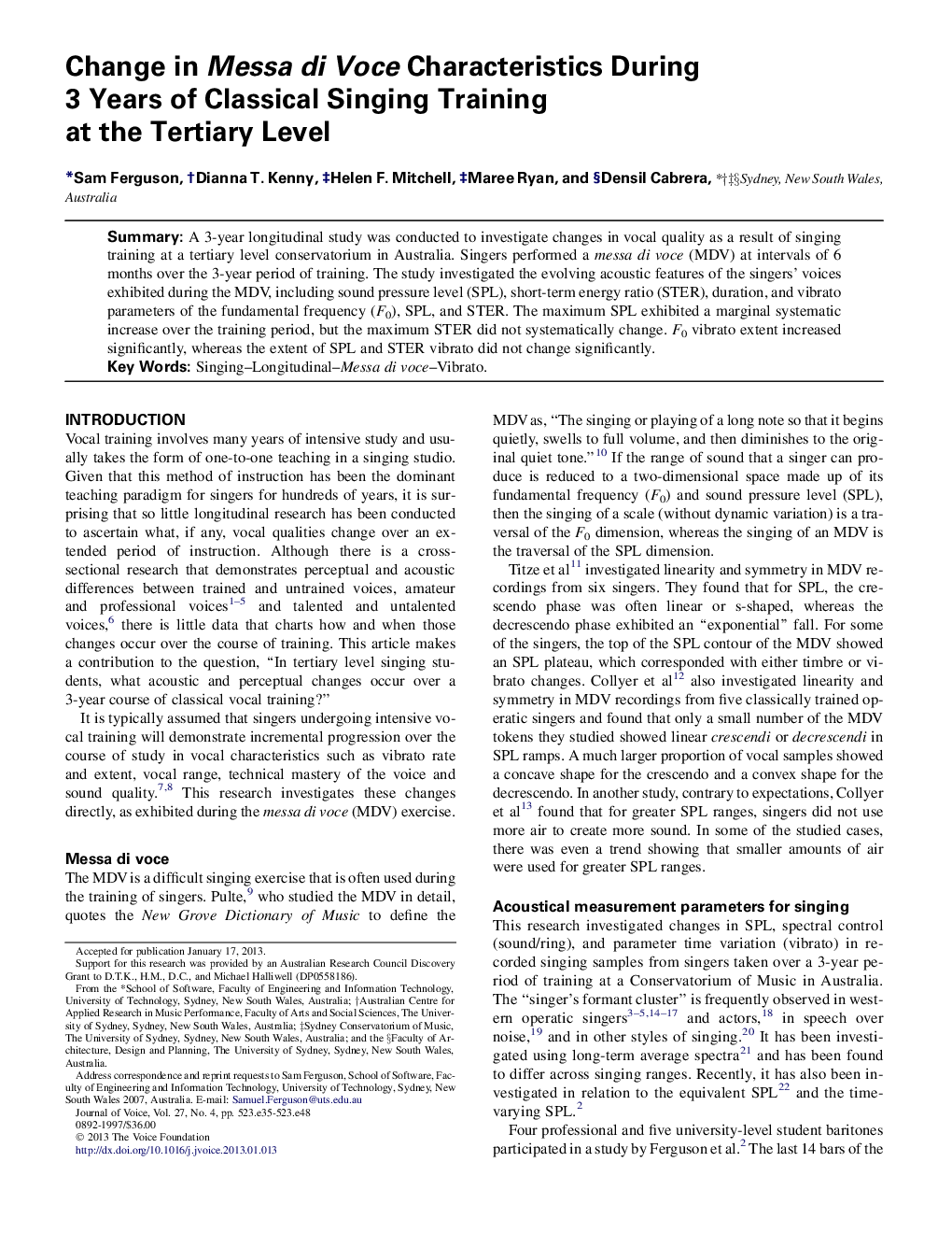 Change in Messa di Voce Characteristics During 3 Years of Classical Singing Training at the Tertiary Level