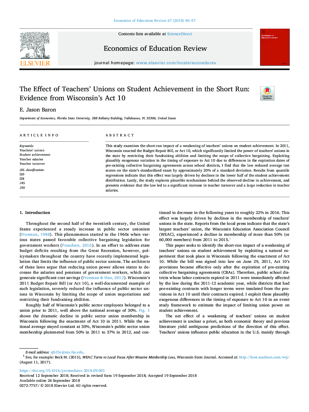 The Effect of Teachers' Unions on Student Achievement in the Short Run: Evidence from Wisconsin's Act 10