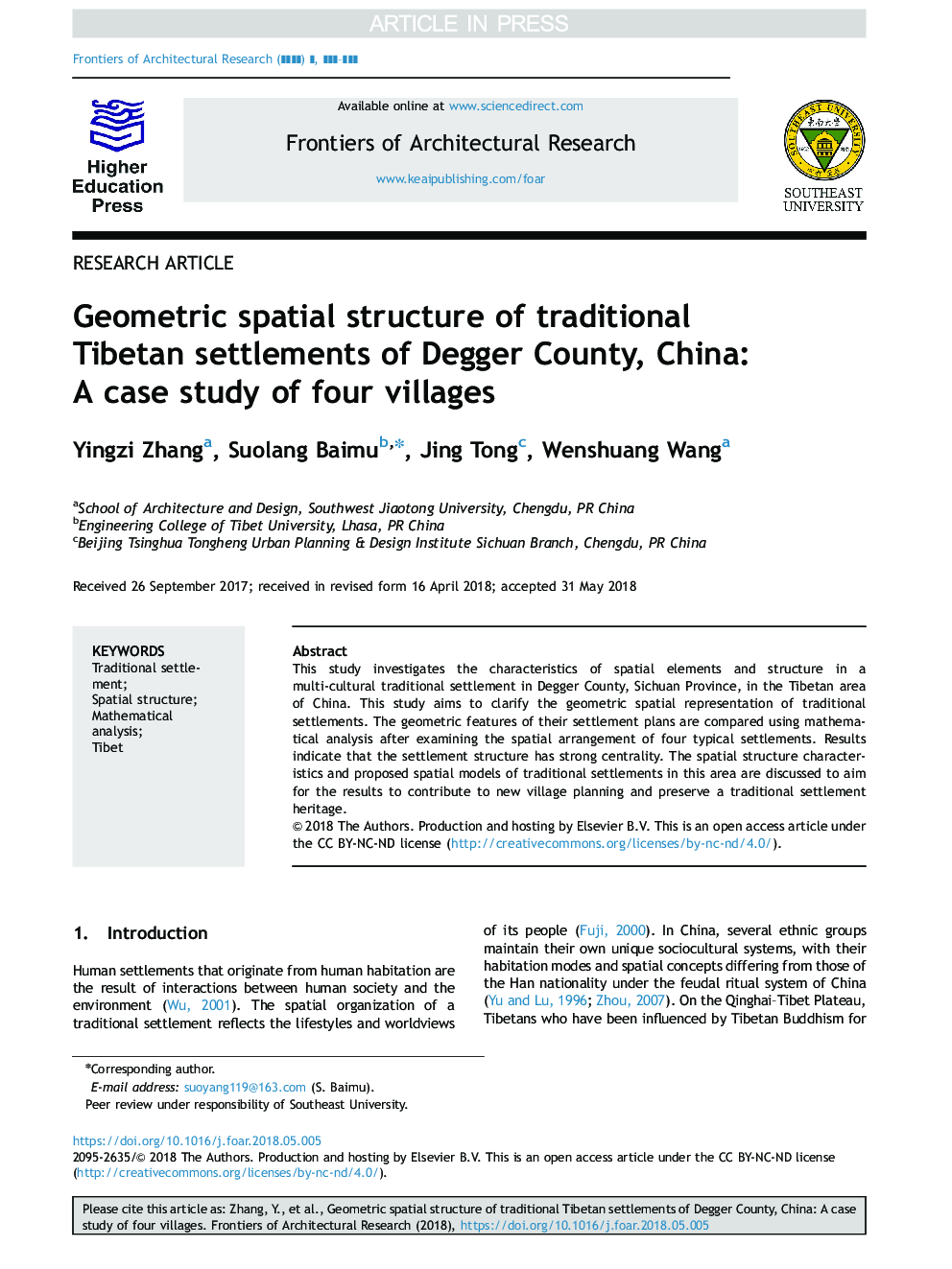 Geometric spatial structure of traditional Tibetan settlements of Degger County, China: A case study of four villages