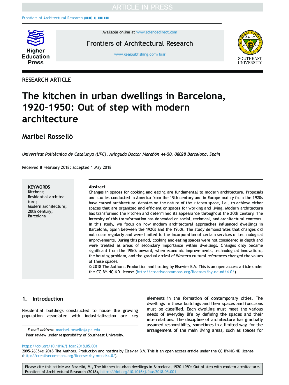 The kitchen in urban dwellings in Barcelona, 1920-1950: Out of step with modern architecture