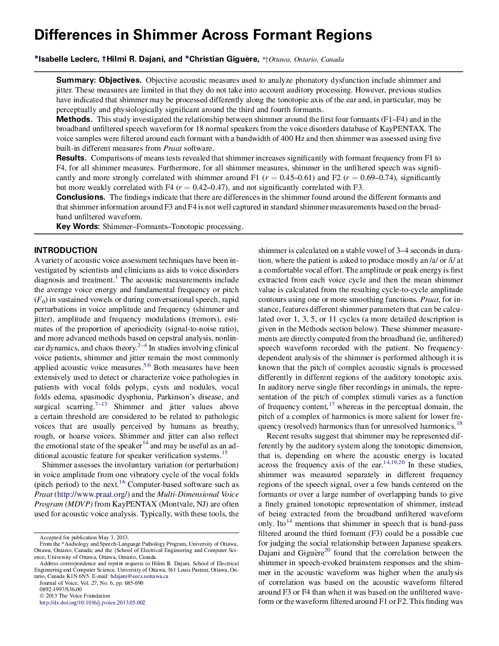 Differences in Shimmer Across Formant Regions