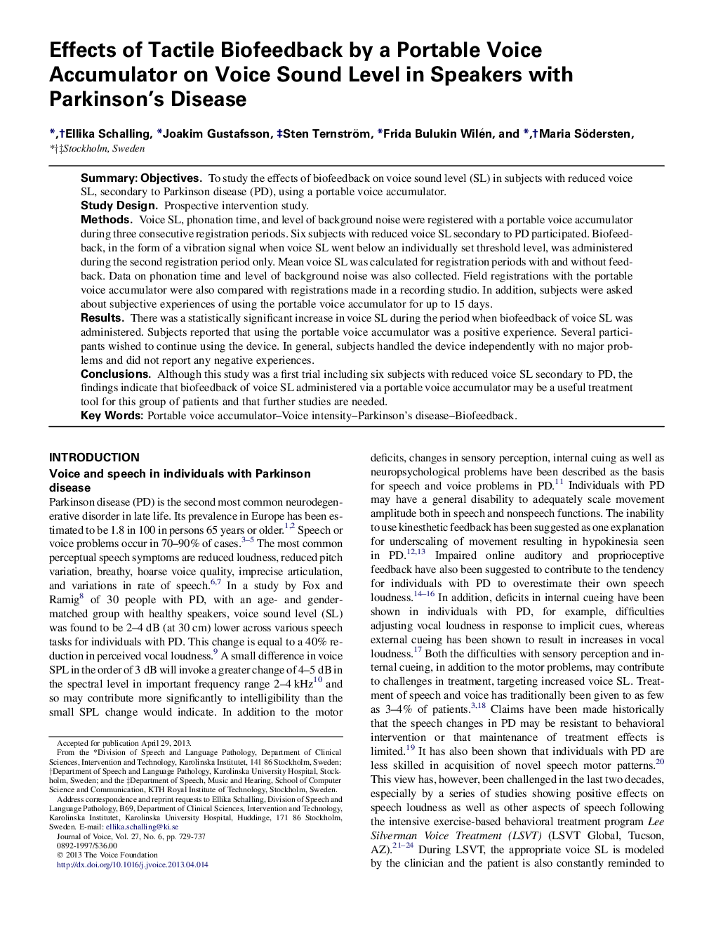 Effects of Tactile Biofeedback by a Portable Voice Accumulator on Voice Sound Level in Speakers with Parkinson's Disease