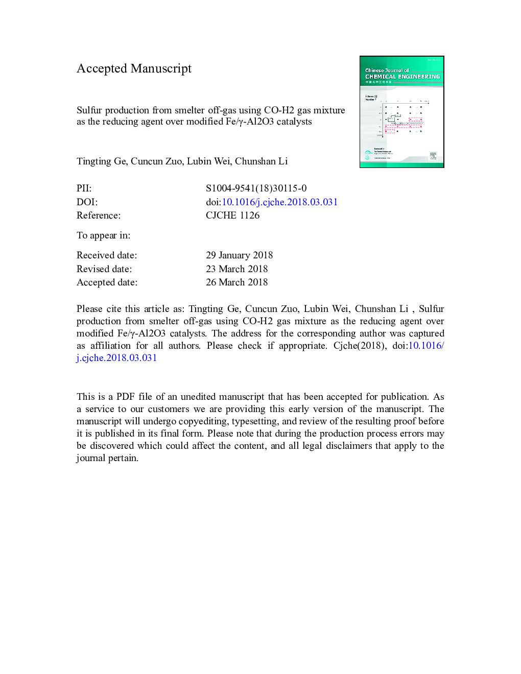 Sulfur production from smelter off-gas using CO-H2 gas mixture as the reducing agent over modified Fe/Î³-Al2O3 catalysts