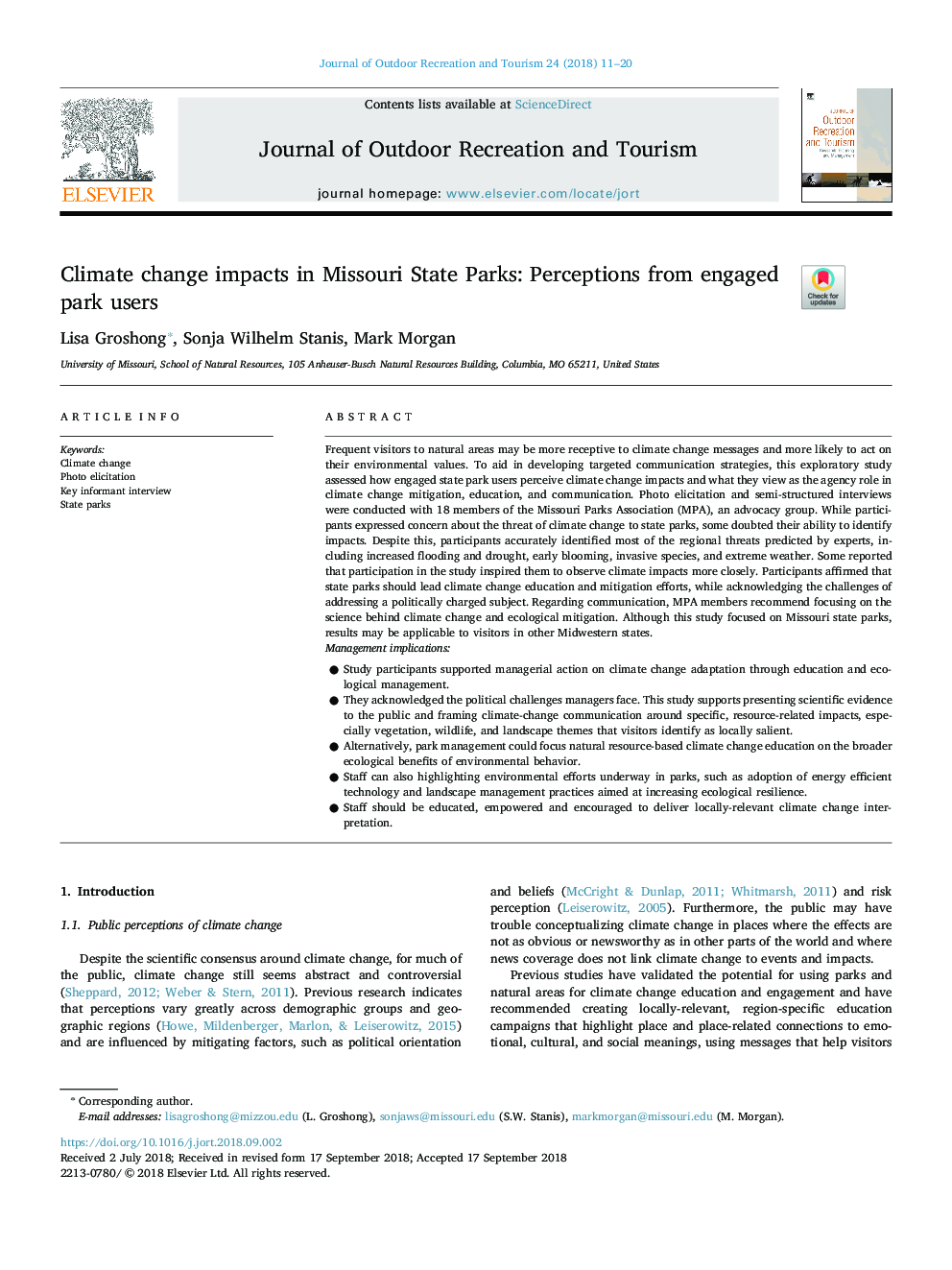 Climate change impacts in Missouri State Parks: Perceptions from engaged park users