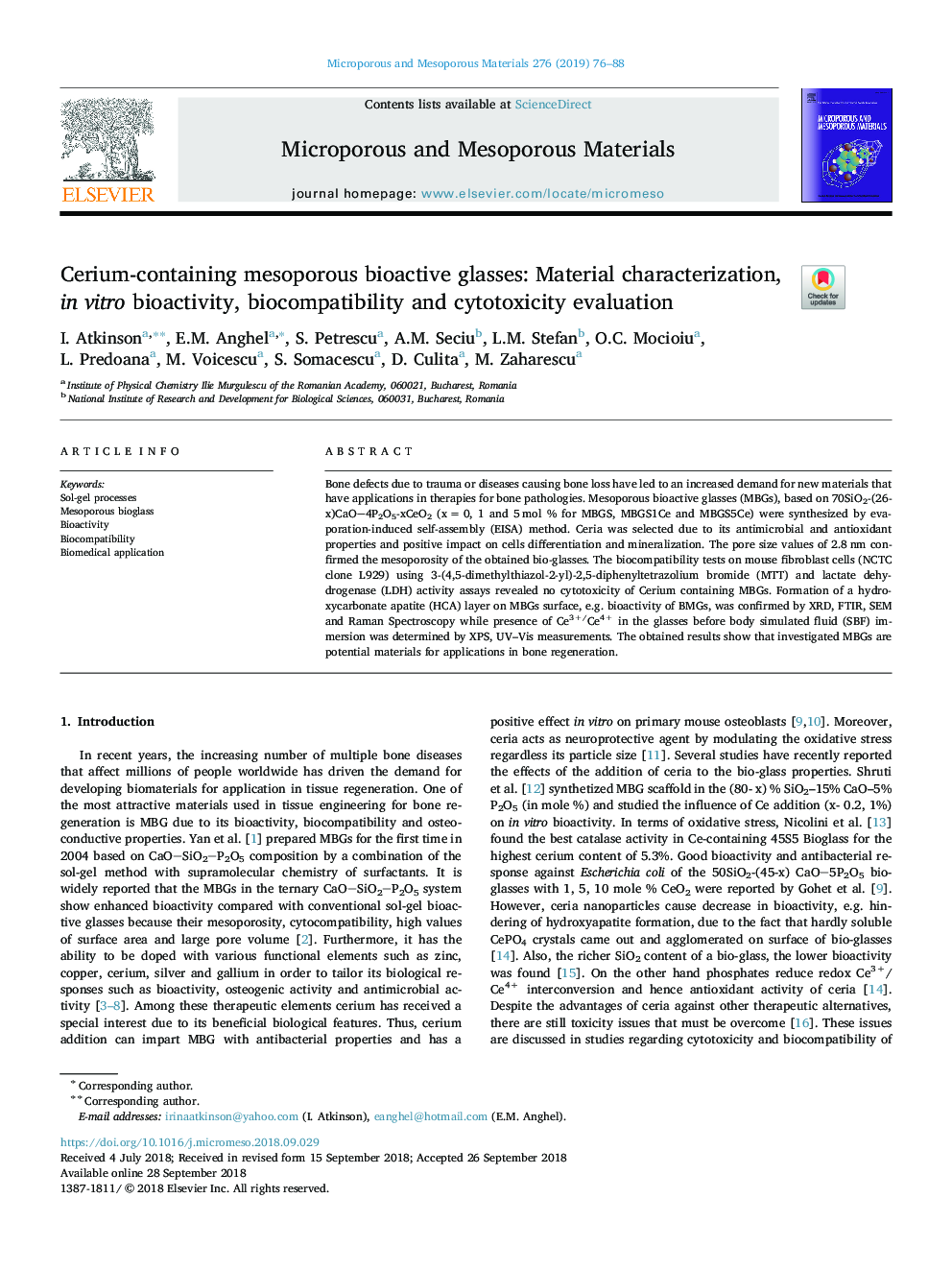 Cerium-containing mesoporous bioactive glasses: Material characterization, in vitro bioactivity, biocompatibility and cytotoxicity evaluation