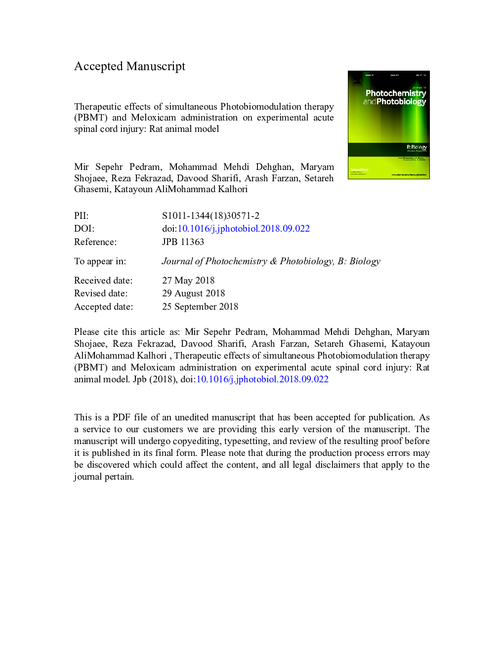 Therapeutic effects of simultaneous Photobiomodulation therapy (PBMT) and Meloxicam administration on experimental acute spinal cord injury: Rat animal model