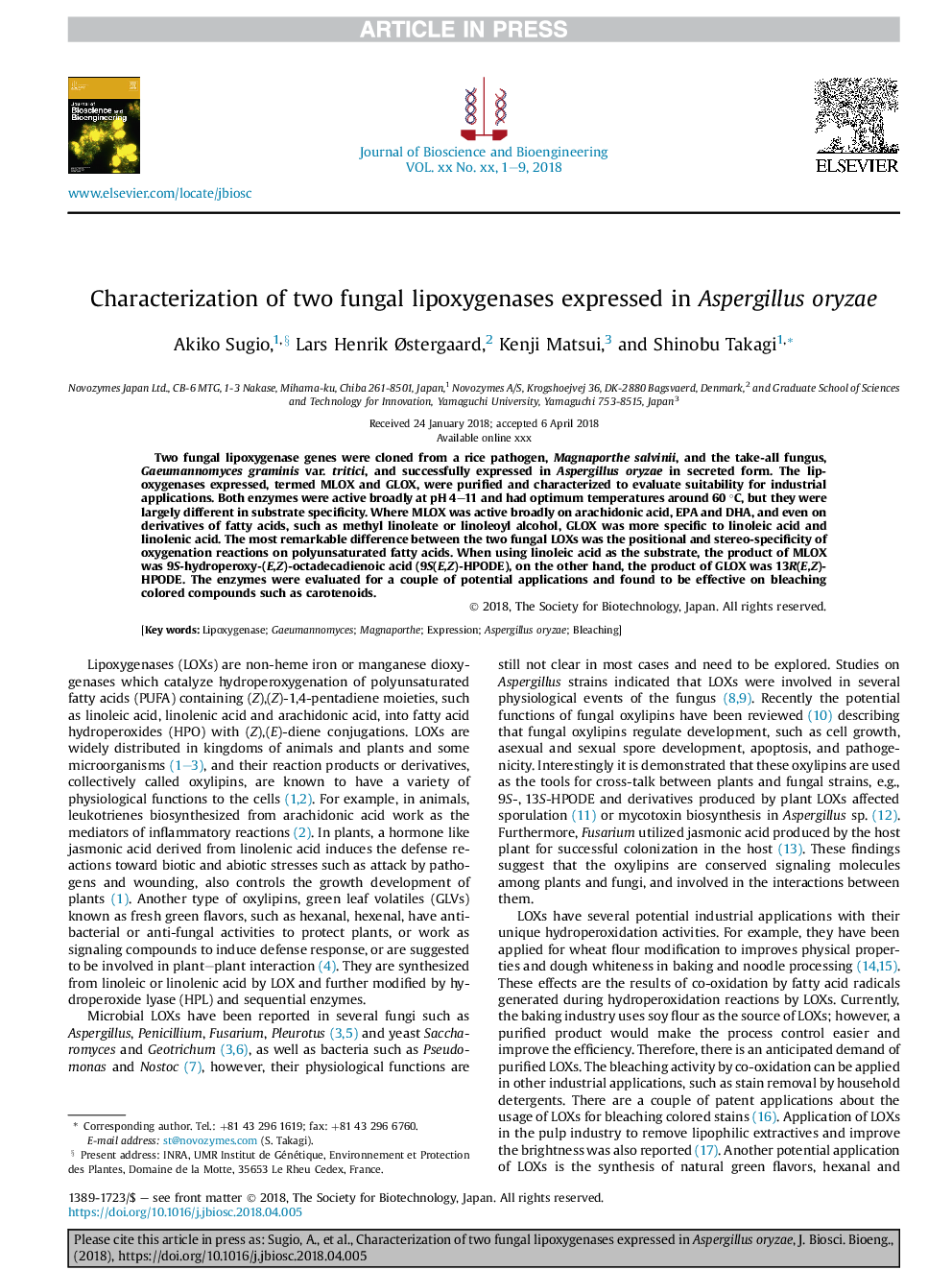 Characterization of two fungal lipoxygenases expressed in Aspergillus oryzae