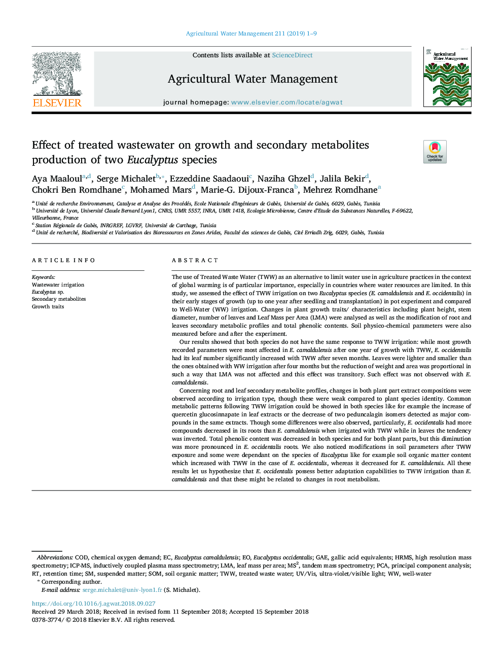 Effect of treated wastewater on growth and secondary metabolites production of two Eucalyptus species