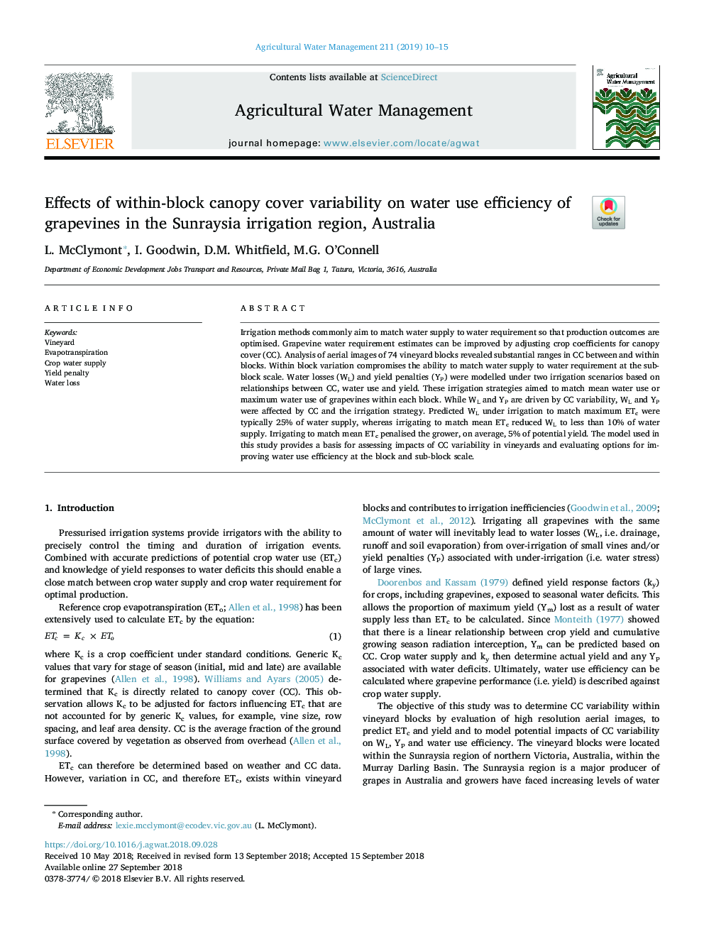 Effects of within-block canopy cover variability on water use efficiency of grapevines in the Sunraysia irrigation region, Australia