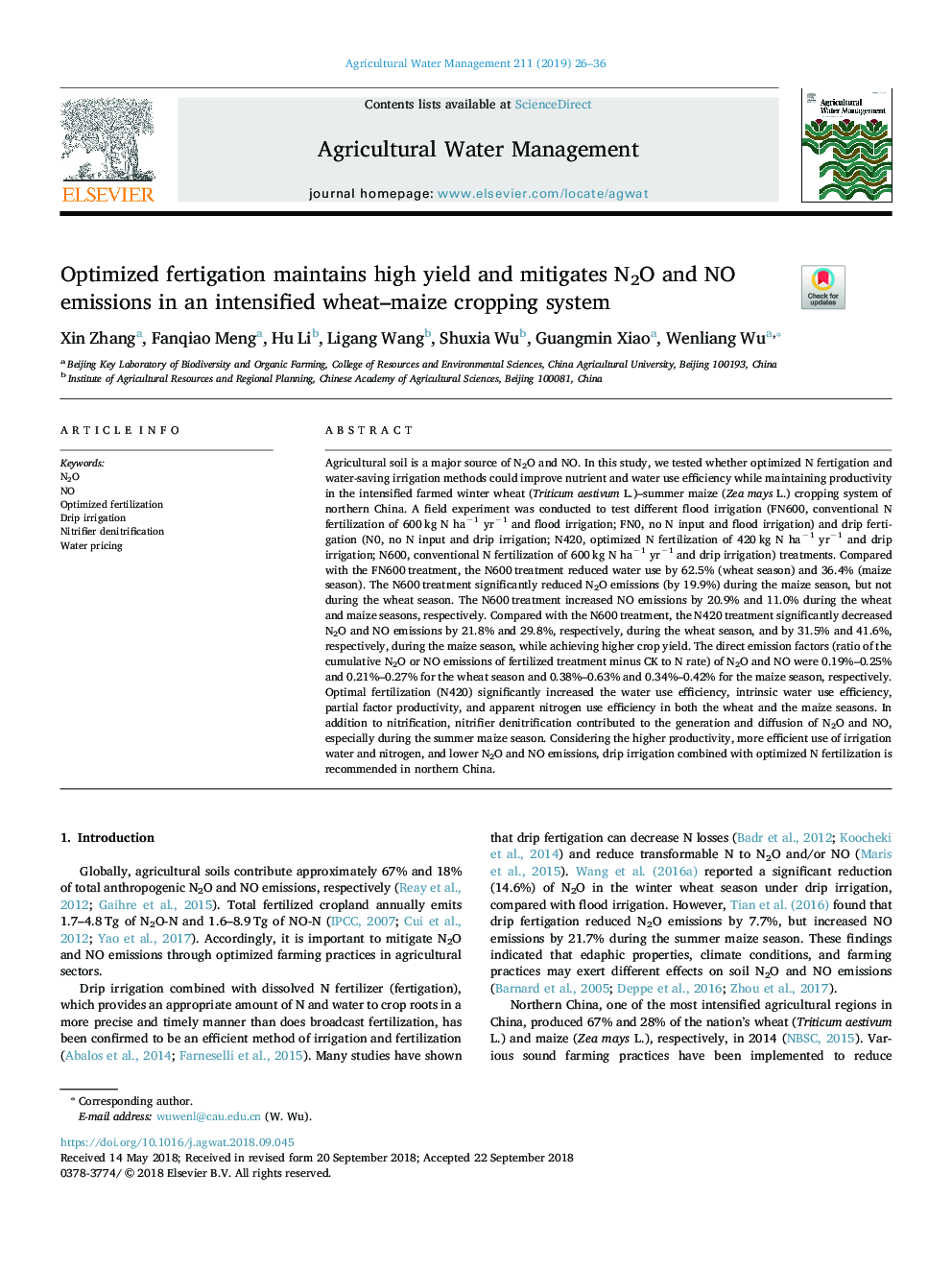 Optimized fertigation maintains high yield and mitigates N2O and NO emissions in an intensified wheat-maize cropping system