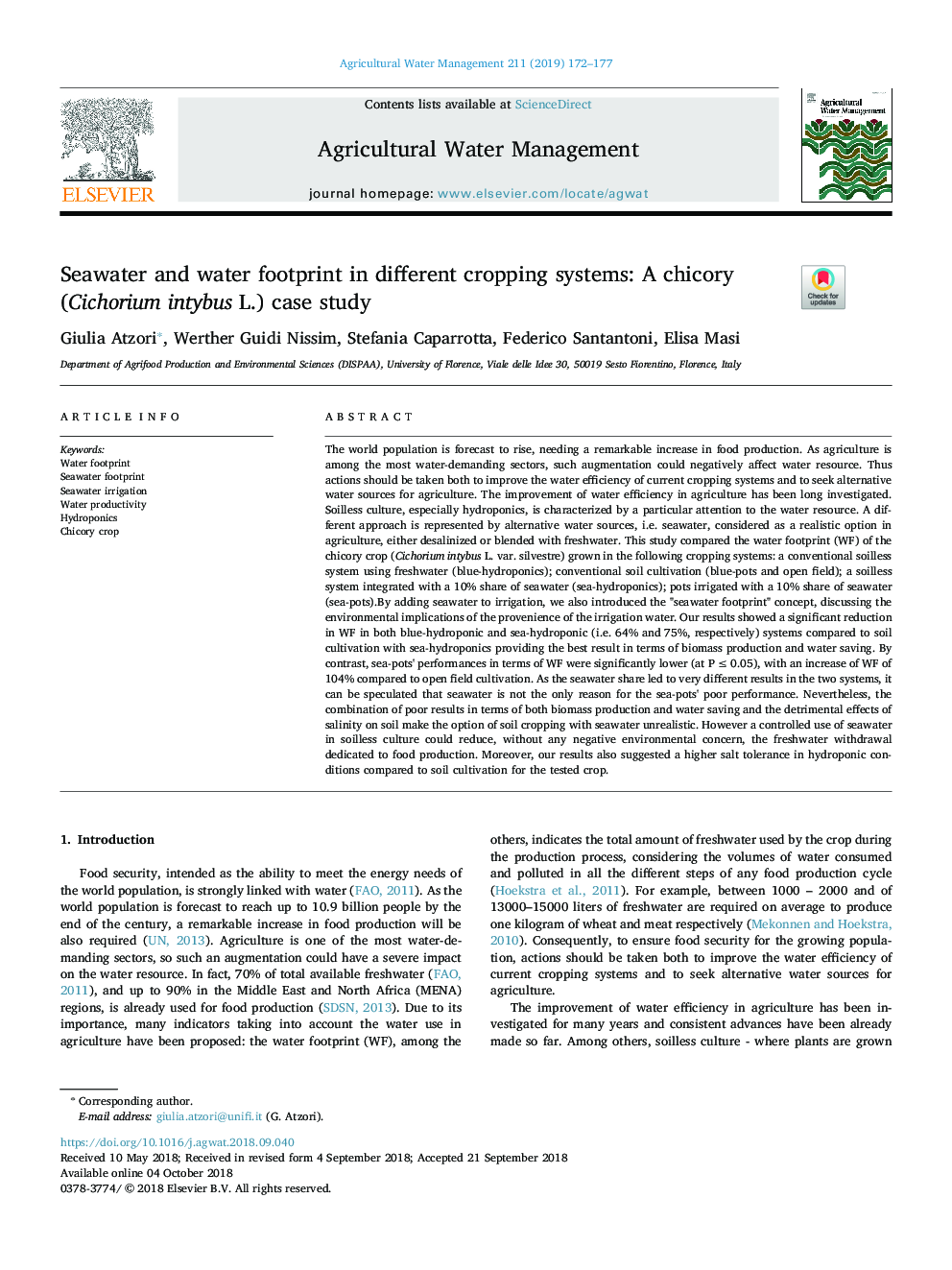 Seawater and water footprint in different cropping systems: A chicory (Cichorium intybus L.) case study