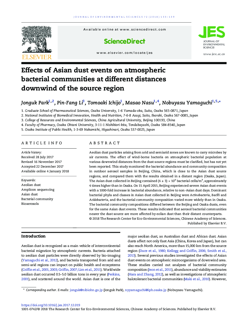 Effects of Asian dust events on atmospheric bacterial communities at different distances downwind of the source region