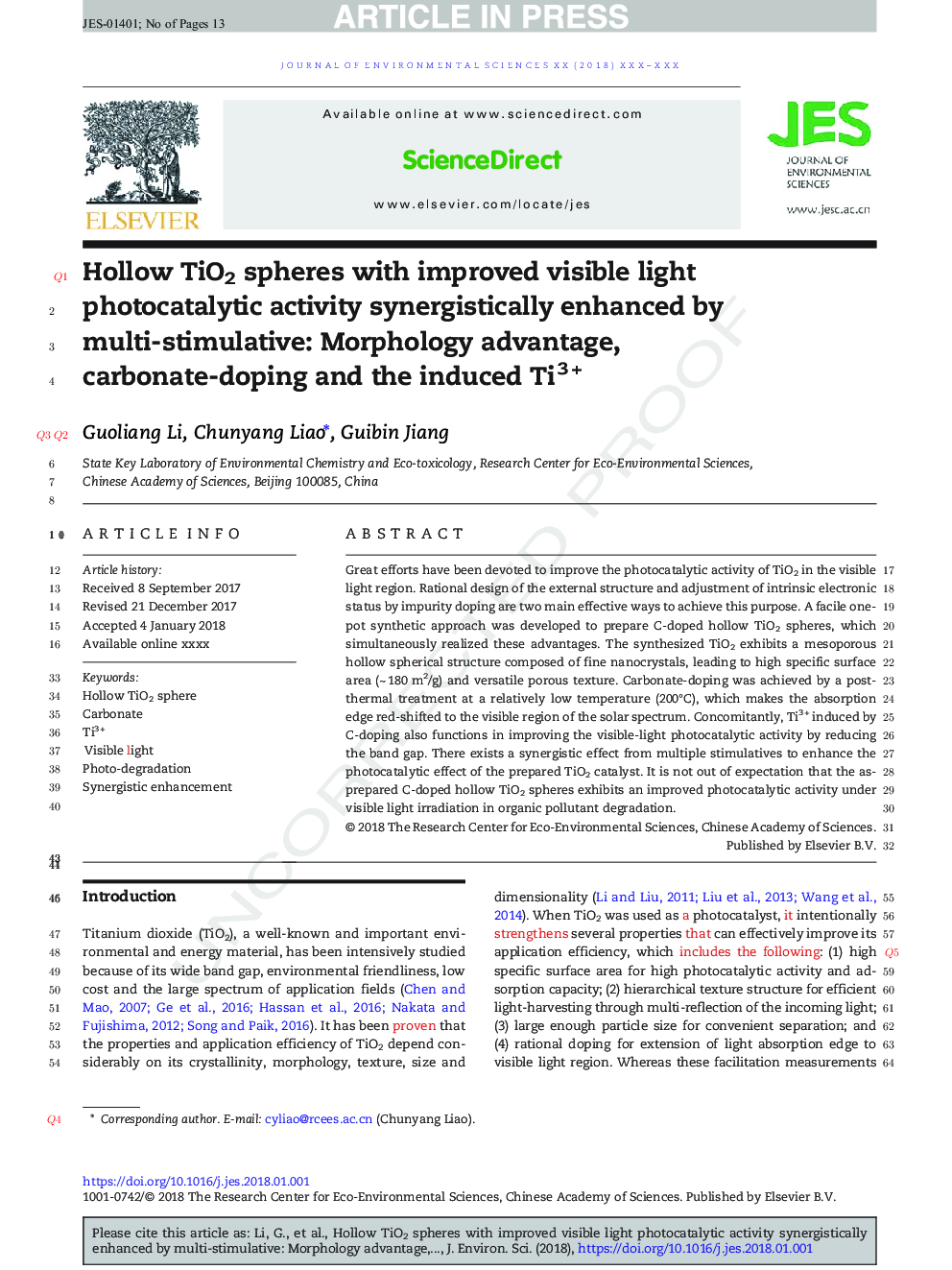 Hollow TiO2 spheres with improved visible light photocatalytic activity synergistically enhanced by multi-stimulative: Morphology advantage, carbonate-doping and the induced Ti3Â +