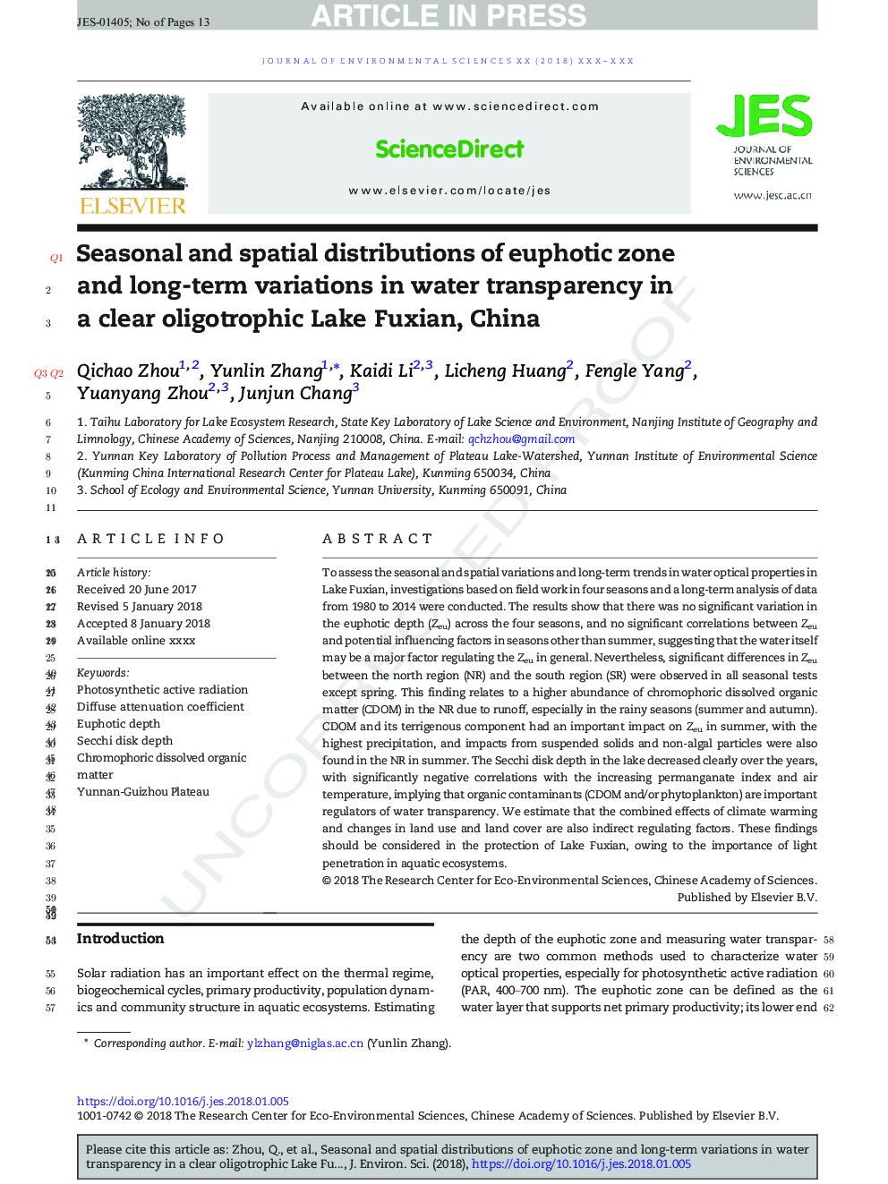 Seasonal and spatial distributions of euphotic zone and long-term variations in water transparency in a clear oligotrophic Lake Fuxian, China