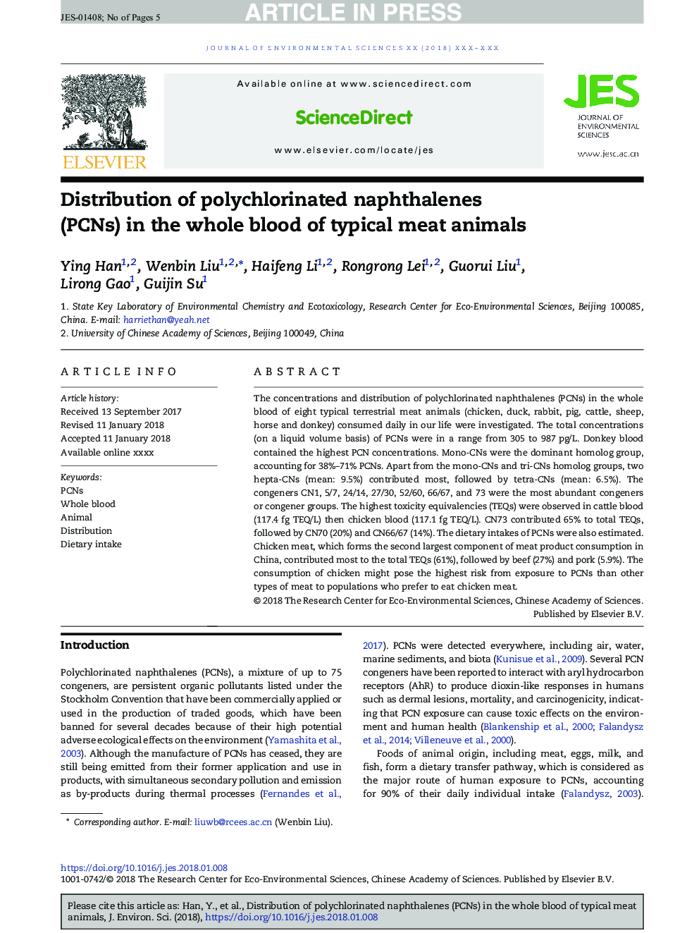 Distribution of polychlorinated naphthalenes (PCNs) in the whole blood of typical meat animals