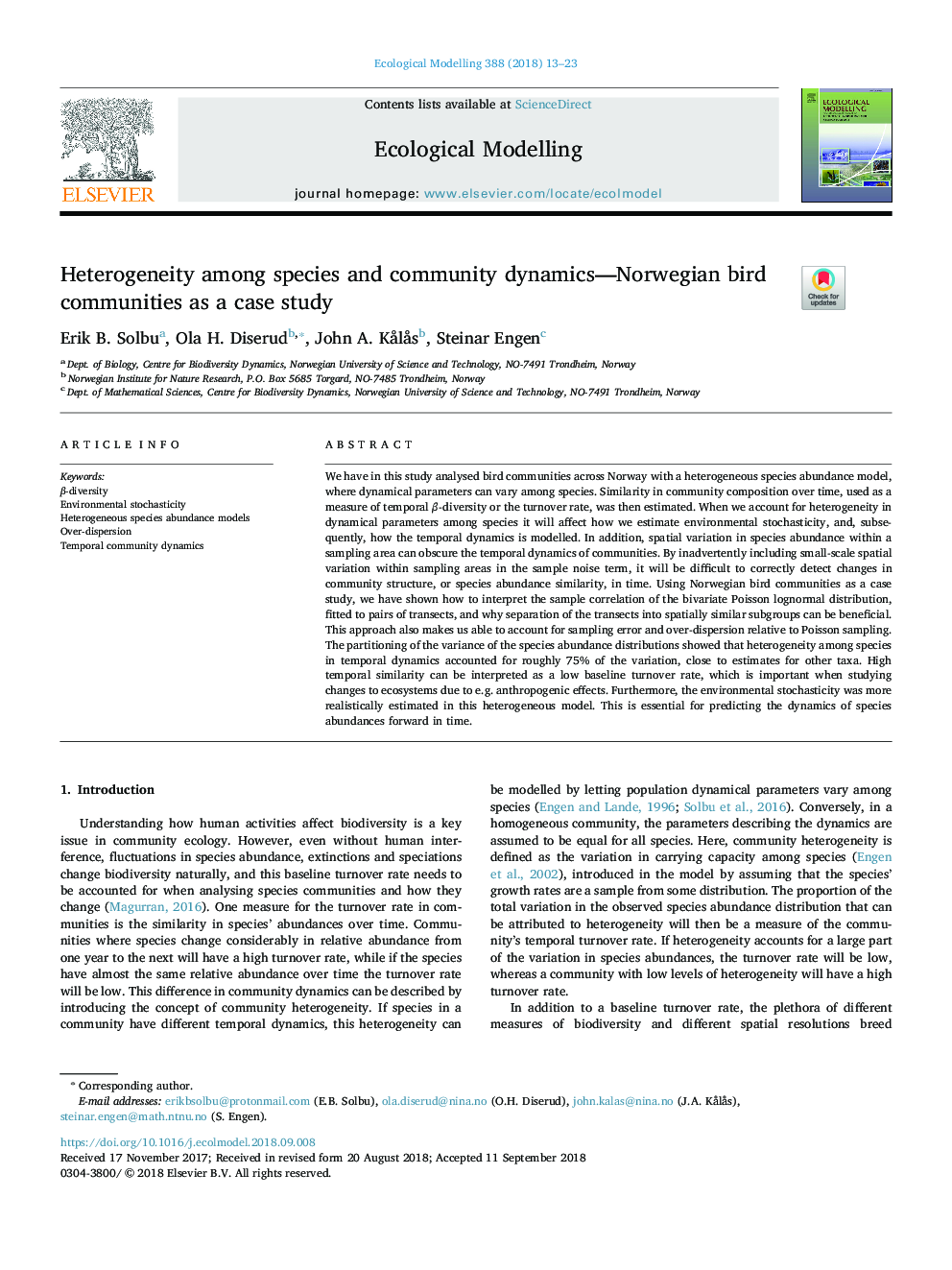 Heterogeneity among species and community dynamics-Norwegian bird communities as a case study