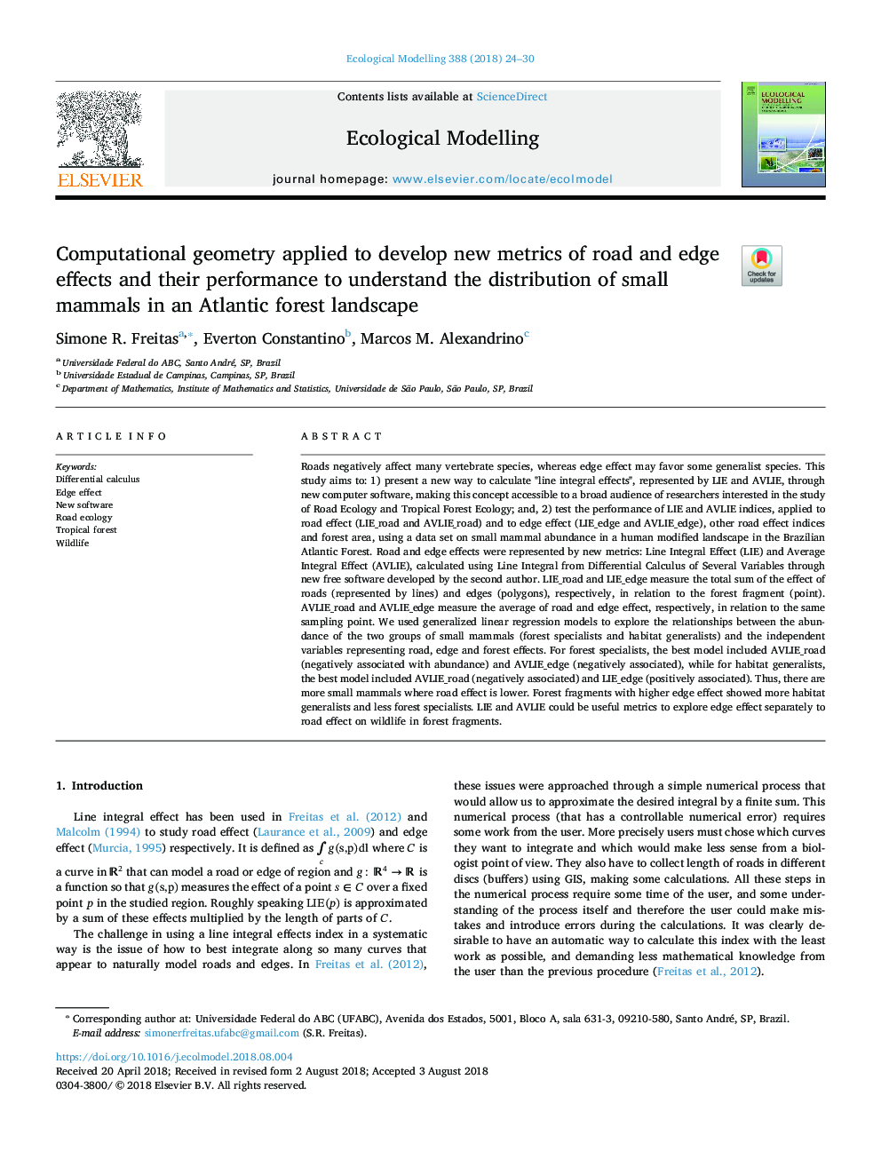 Computational geometry applied to develop new metrics of road and edge effects and their performance to understand the distribution of small mammals in an Atlantic forest landscape