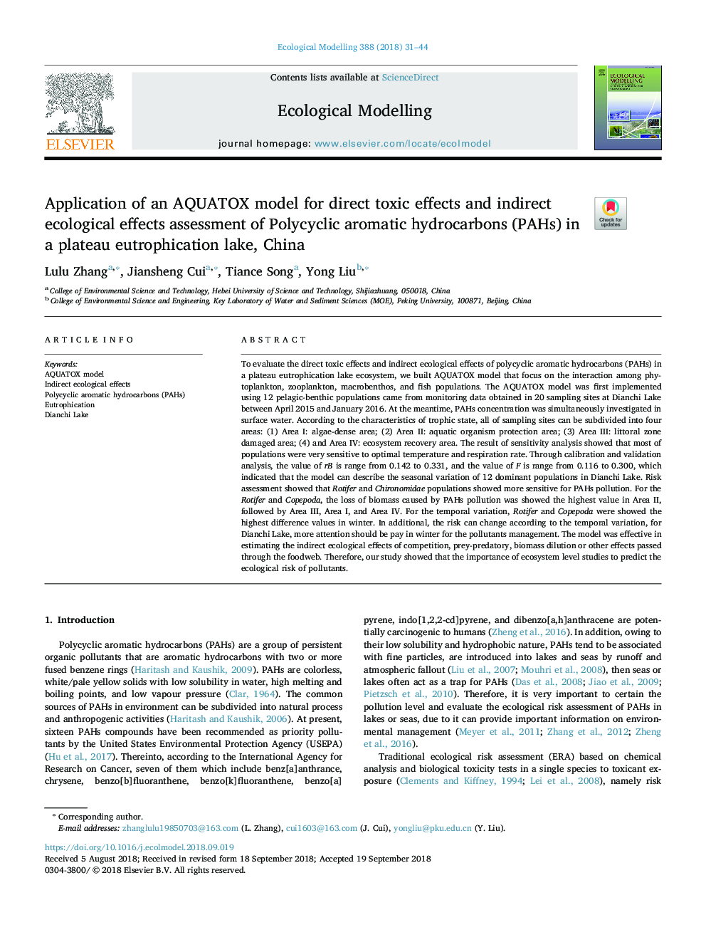 Application of an AQUATOX model for direct toxic effects and indirect ecological effects assessment of Polycyclic aromatic hydrocarbons (PAHs) in a plateau eutrophication lake, China