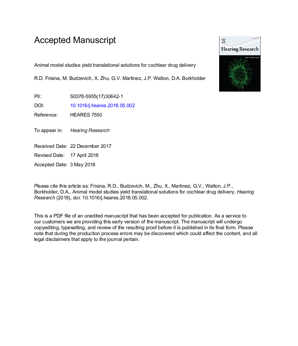 Animal model studies yield translational solutions for cochlear drug delivery