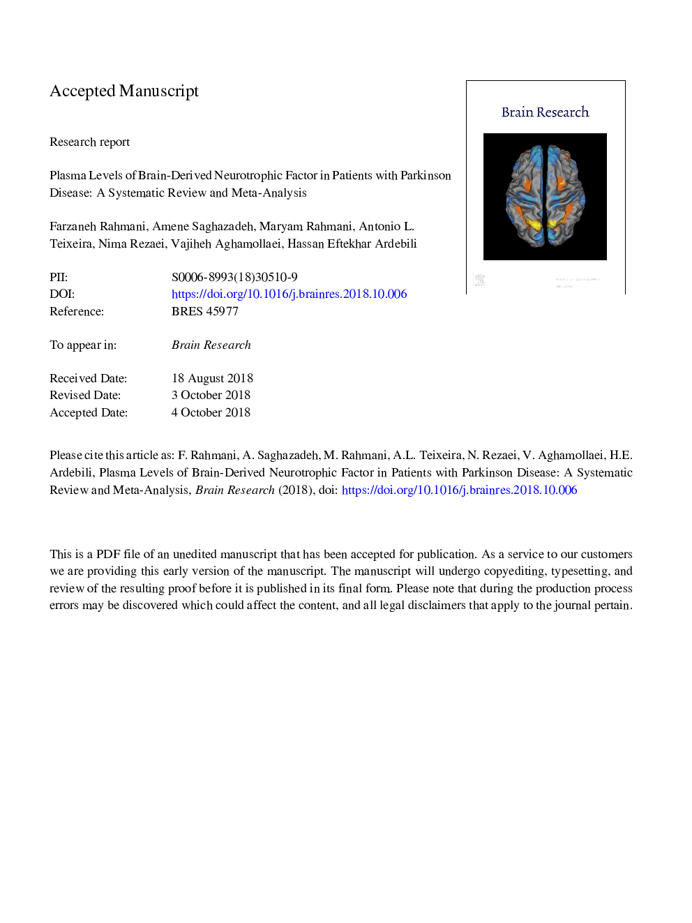 سطوح پلاسمایی فاکتور نوروتروفی مشتق شده مغز در بیماران مبتلا به بیماری پارکینسون: بررسی منظم و متاآنالیز