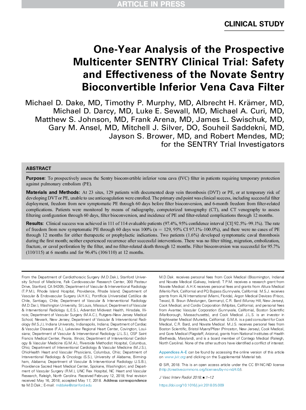 One-Year Analysis of the Prospective Multicenter SENTRY Clinical Trial: Safety and Effectiveness ofÂ the Novate Sentry Bioconvertible Inferior Vena Cava Filter