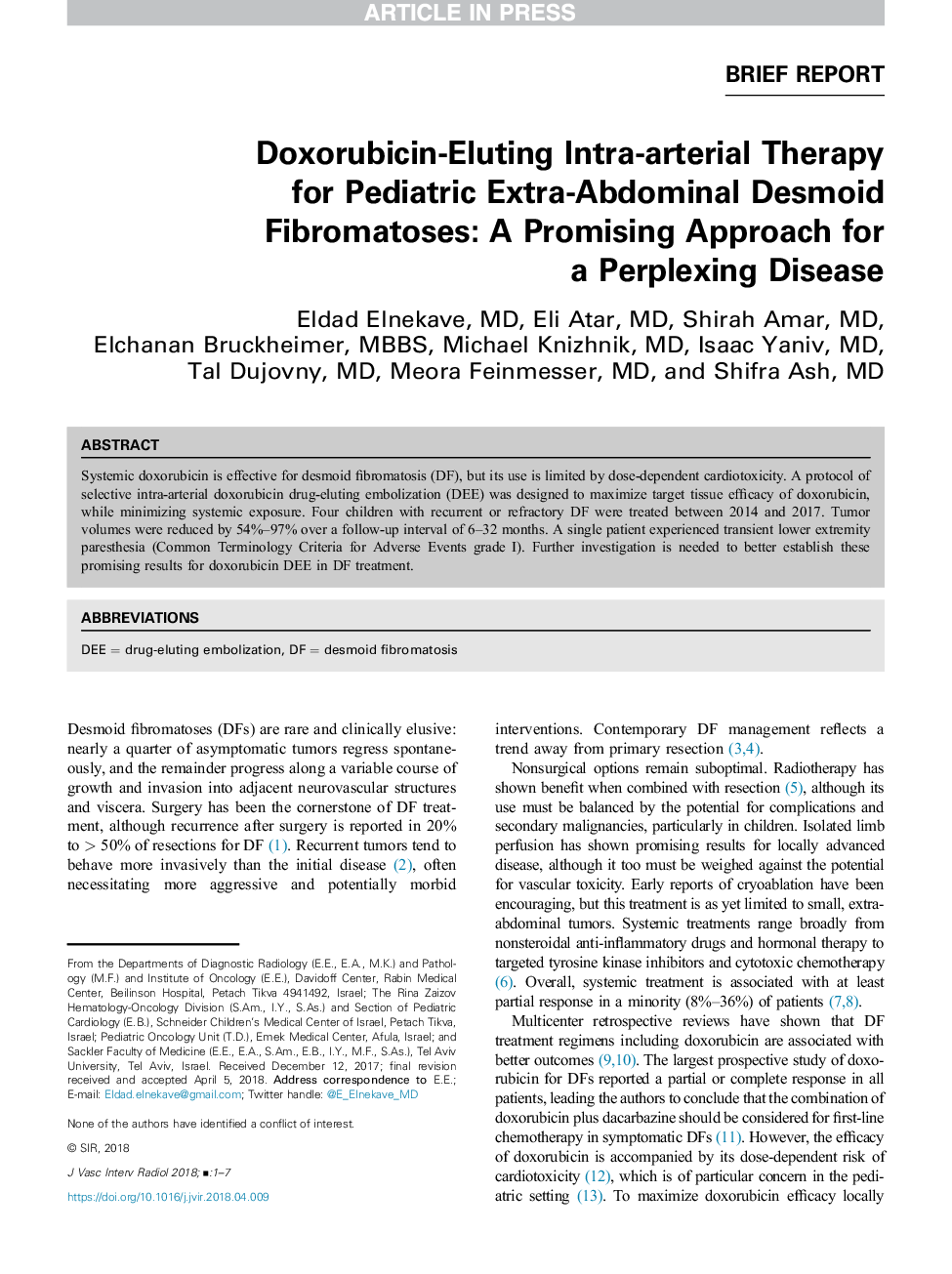 Doxorubicin-Eluting Intra-Arterial Therapy for Pediatric Extra-Abdominal Desmoid Fibromatoses: A Promising Approach for aÂ Perplexing Disease