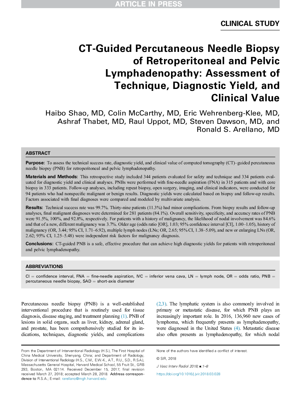 CT-Guided Percutaneous Needle Biopsy of Retroperitoneal and Pelvic Lymphadenopathy: Assessment of Technique, Diagnostic Yield, and Clinical Value