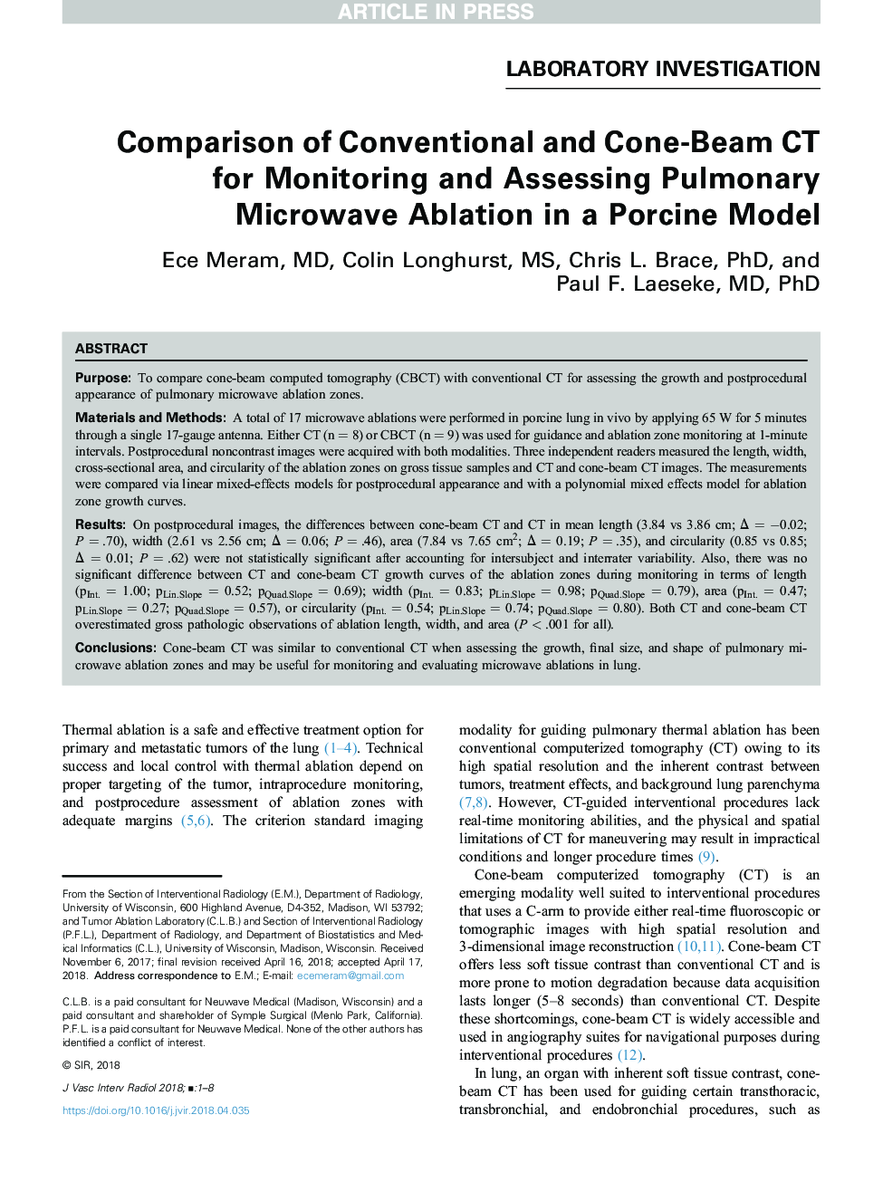 Comparison of Conventional and Cone-Beam CT for Monitoring and Assessing Pulmonary Microwave Ablation in a Porcine Model