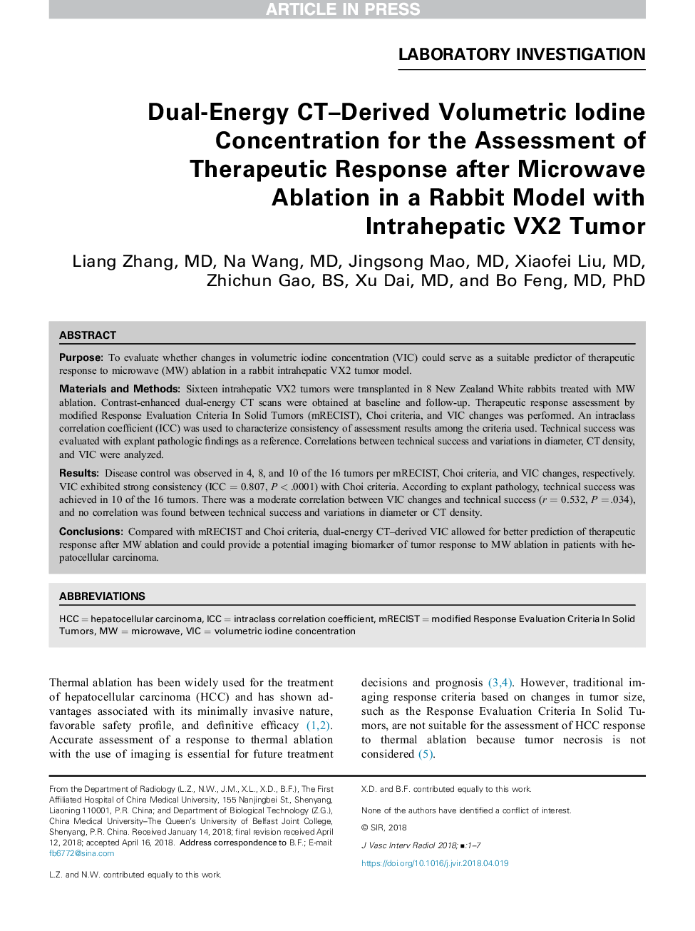 Dual-Energy CT-Derived Volumetric Iodine Concentration for the Assessment of Therapeutic Response after Microwave Ablation in a Rabbit Model with Intrahepatic VX2 Tumor