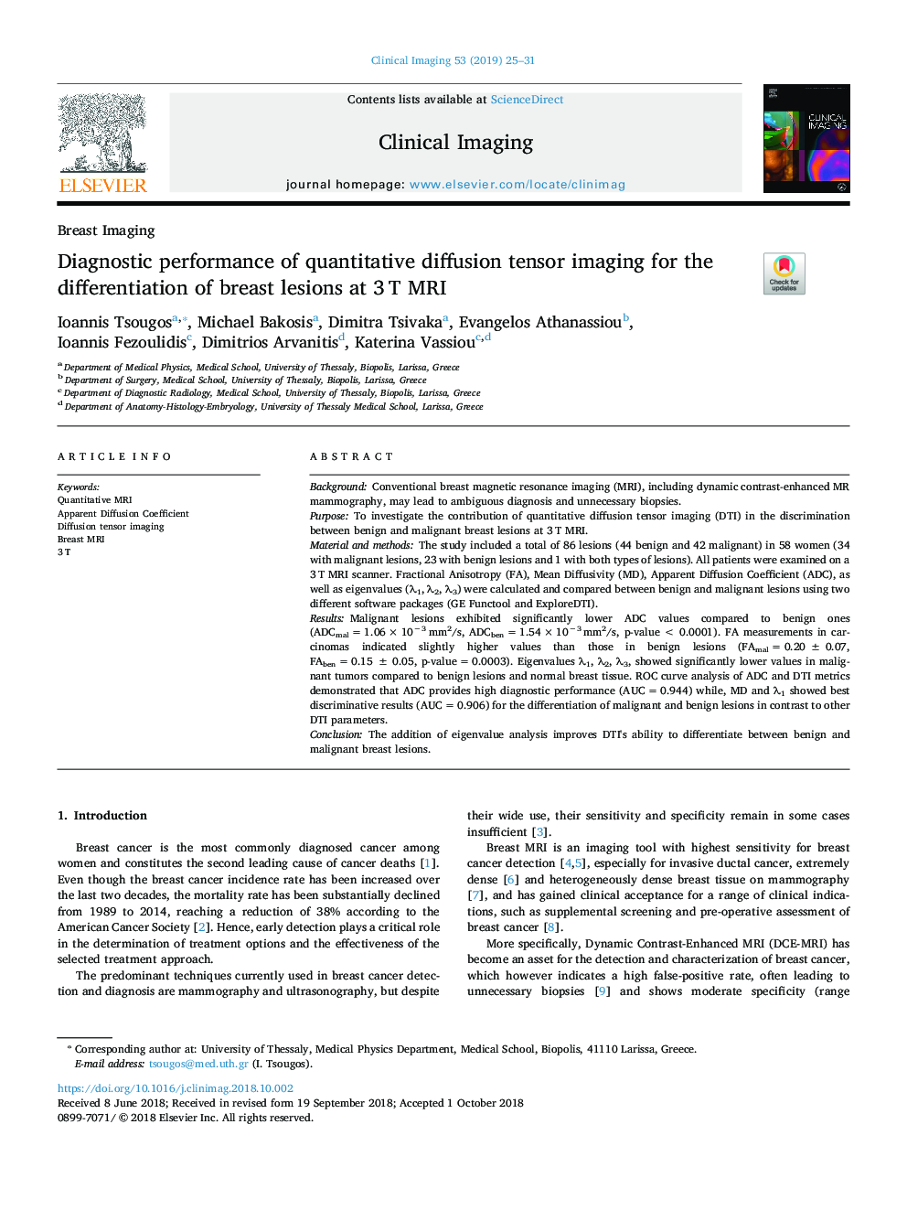 Diagnostic performance of quantitative diffusion tensor imaging for the differentiation of breast lesions at 3â¯T MRI